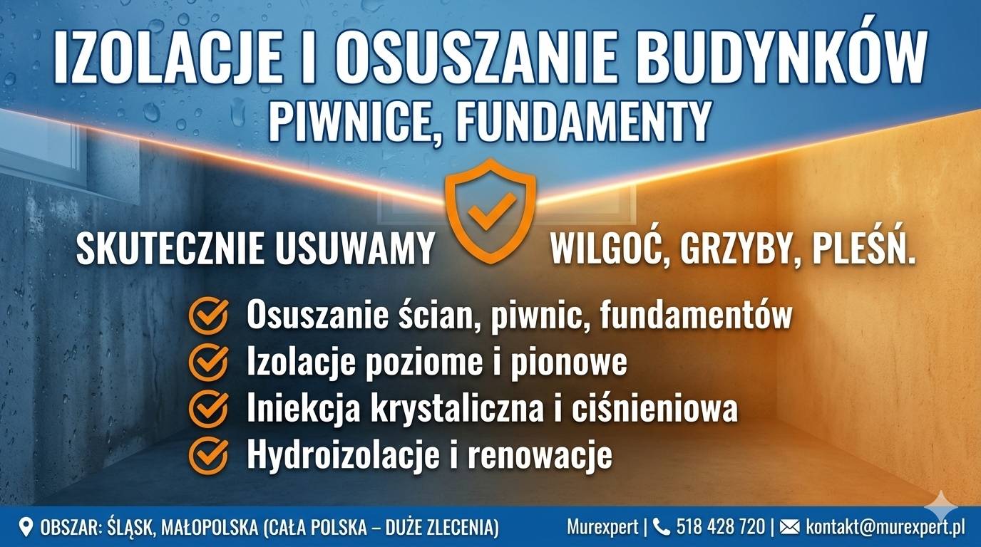 Izolacje i osuszanie budynków - piwnice, fundamenty | Śląsk, Małopolska